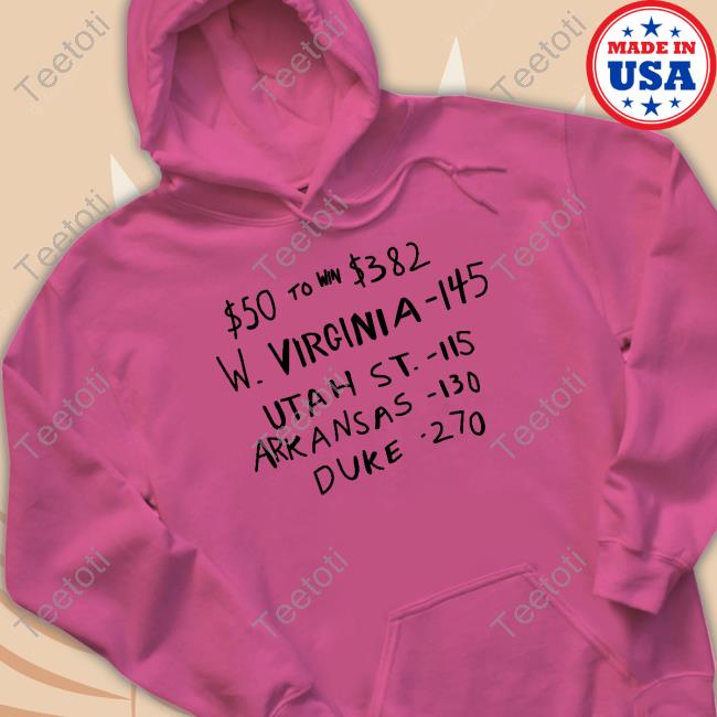 Top $50 To Win $382 W. Virginia -145 Utah St.- 115 Arkansas-110 Duke -270 Shirt